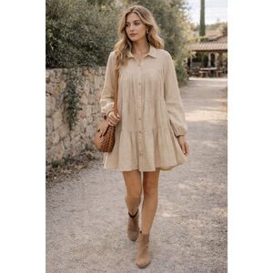 Petal + Pup Beige Tiered Button Front Dress Tunic Gauze Long Sleeve Boho